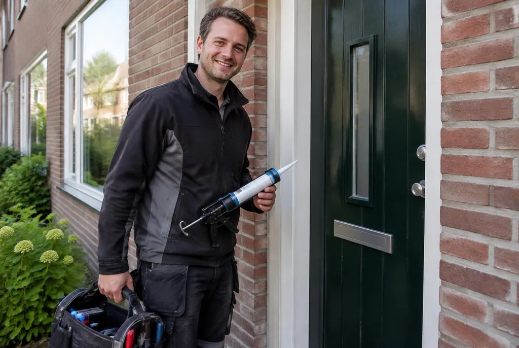 Vakman van Kitbedrijf Oegstgeest bij de voordeur van een woning